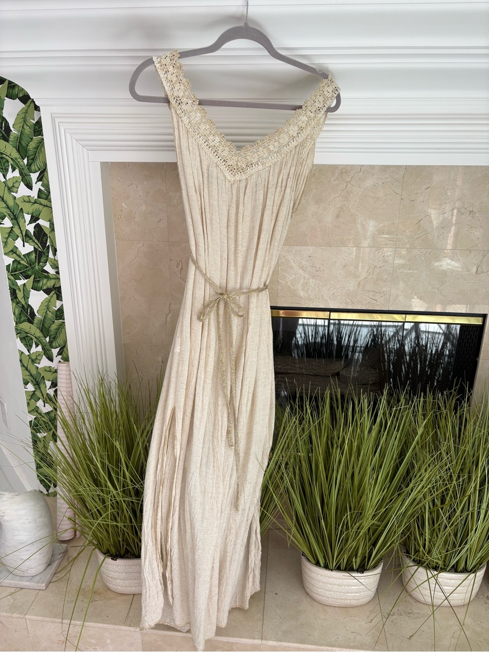Beige Linen beach dress with gold edging. Made in Greece. One size fits all.